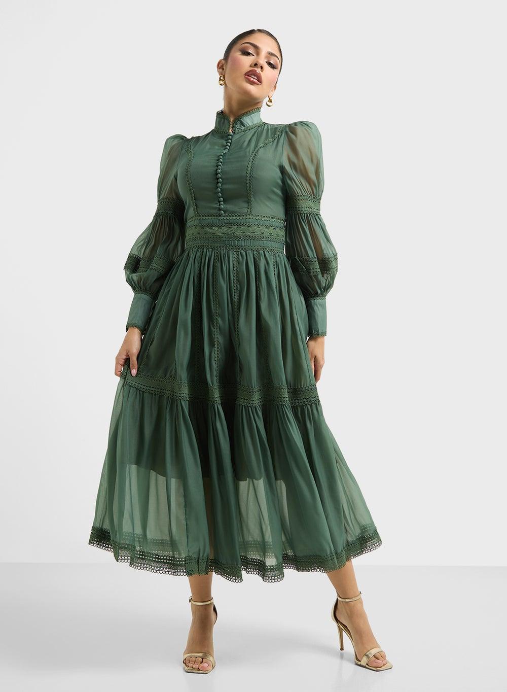 Dark Green Lace Trim Maxi Dress - Image 1