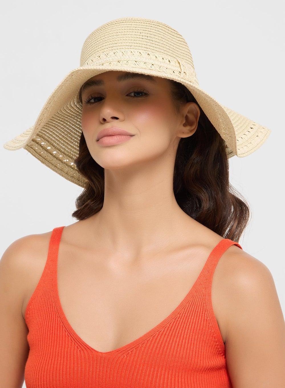 Crochet Band Wide Brim Straw Hat - Image 1