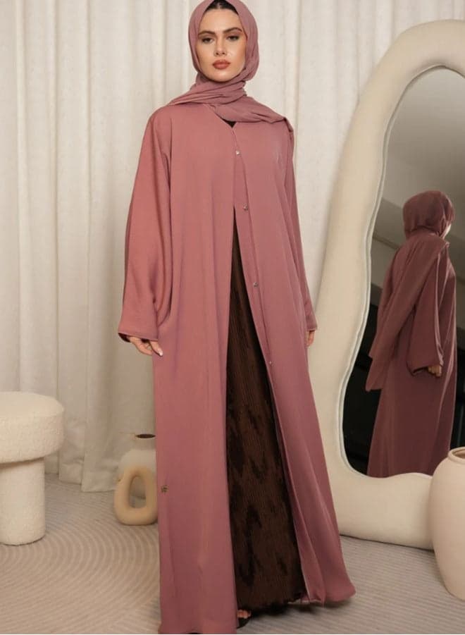 Blush Pink Textured Front Open Abaya Set with Inner - Image 1