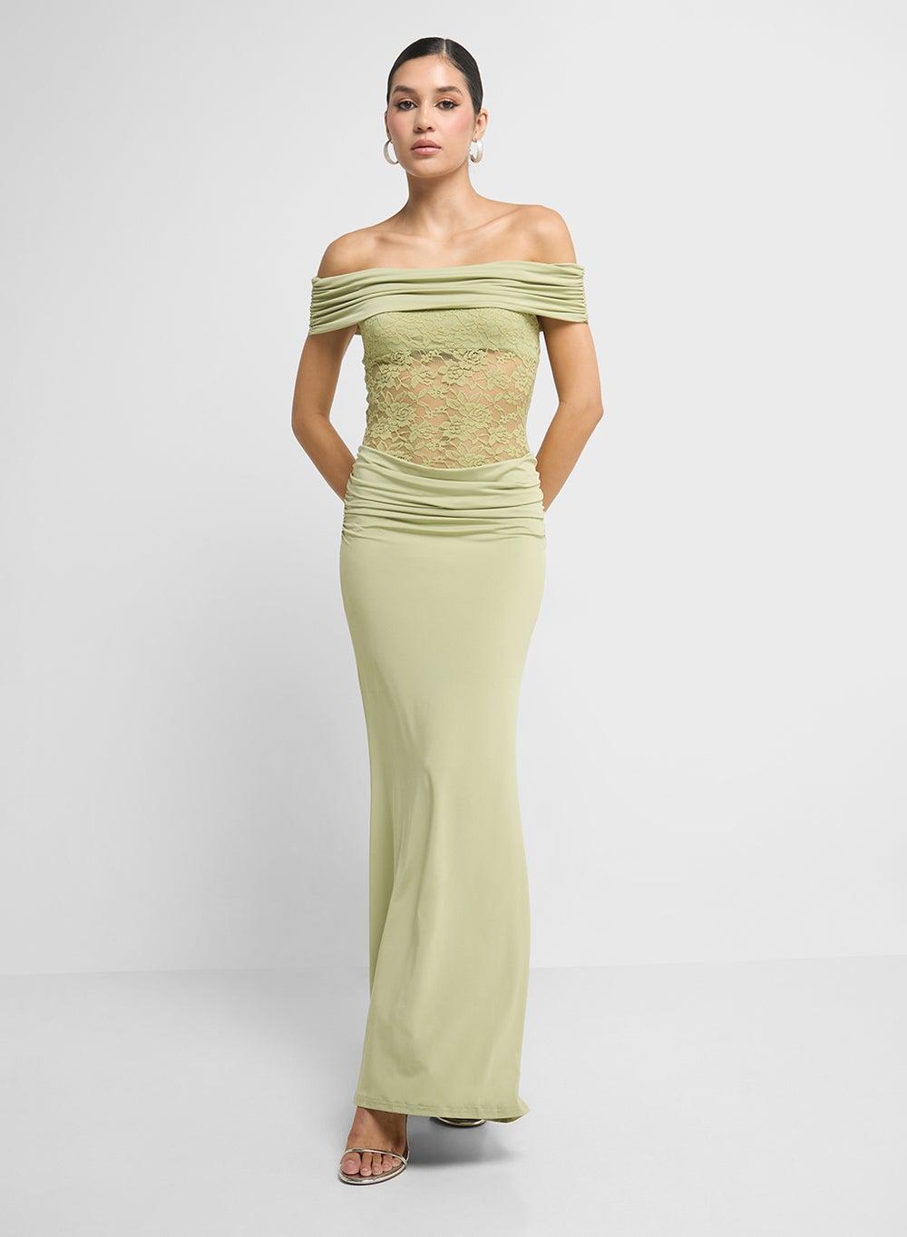 Off-Shoulder Lace Cutout Draped Midi Dress - Image 1