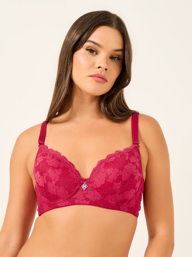Floral Lace Padded Wired Full Cup Bra with Metal Trim - Image 1