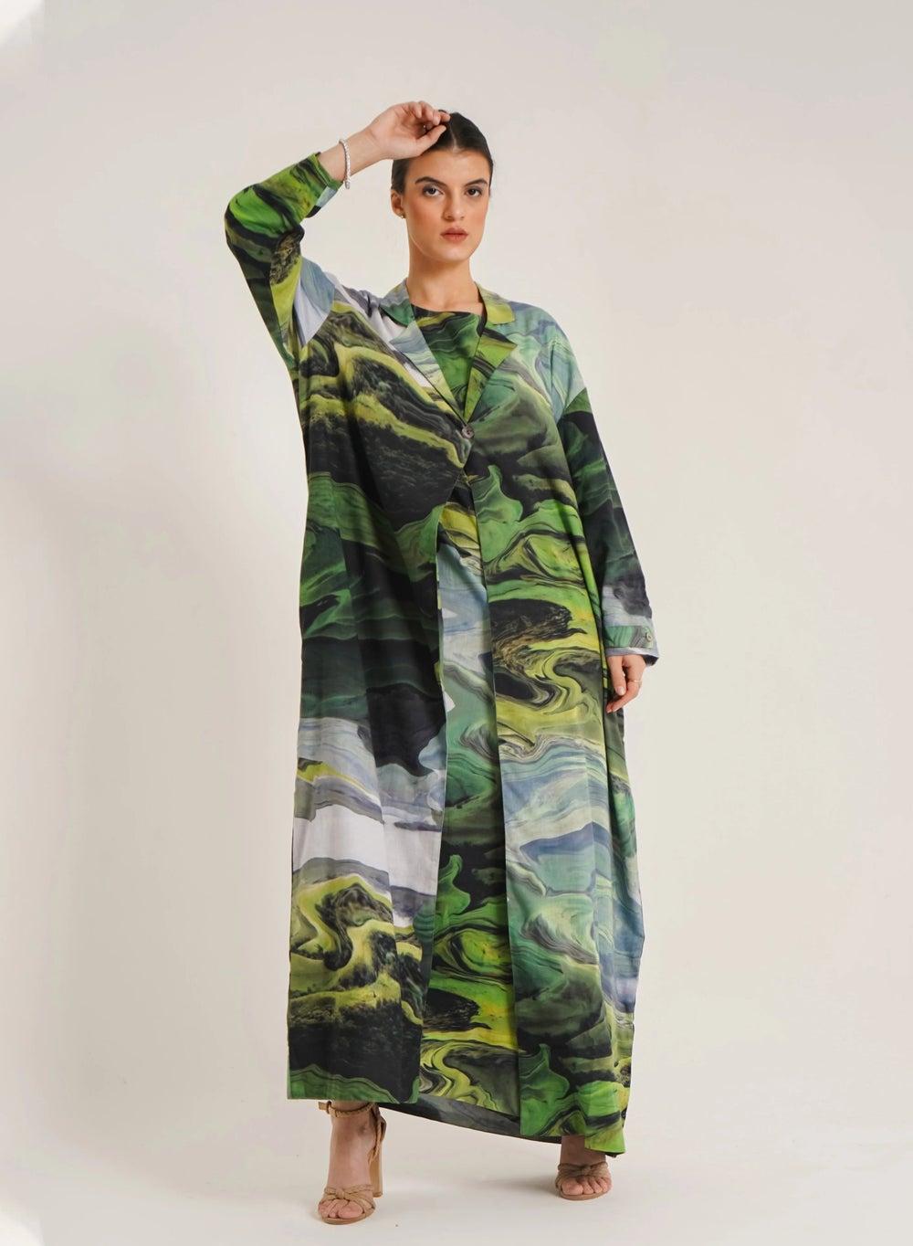 Amal Green Trench Abaya in Organic Cotton Blend - Image 1