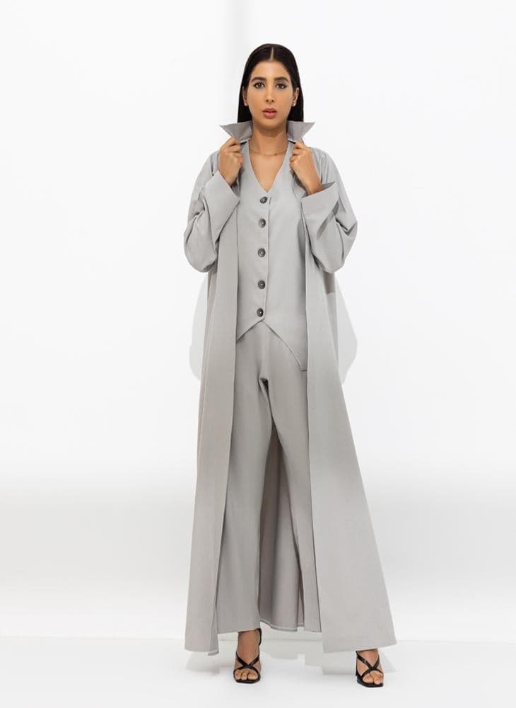 Grey High-Neck Abaya Set with Vest & Flared Pants - Image 1