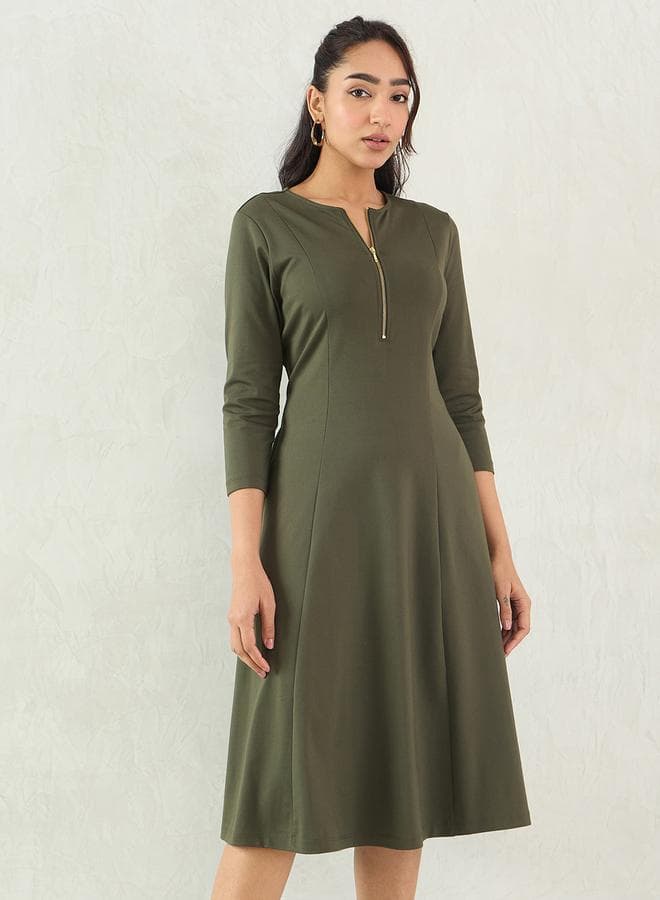 Femmella Olive Half Zip A-Line Midi Dress - Image 1