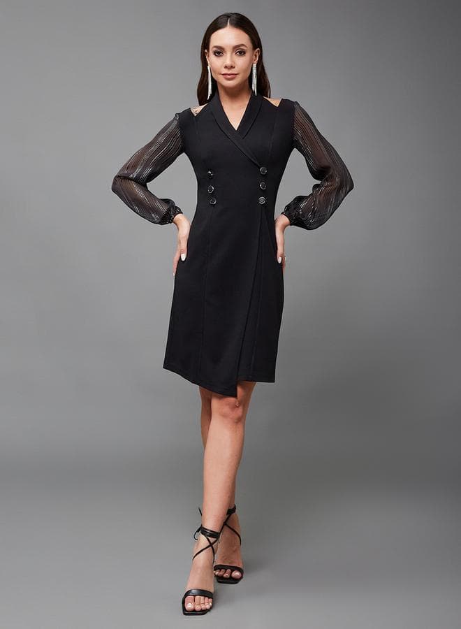 Sheer Sleeve Asymmetrical Black Mini Dress - Image 1