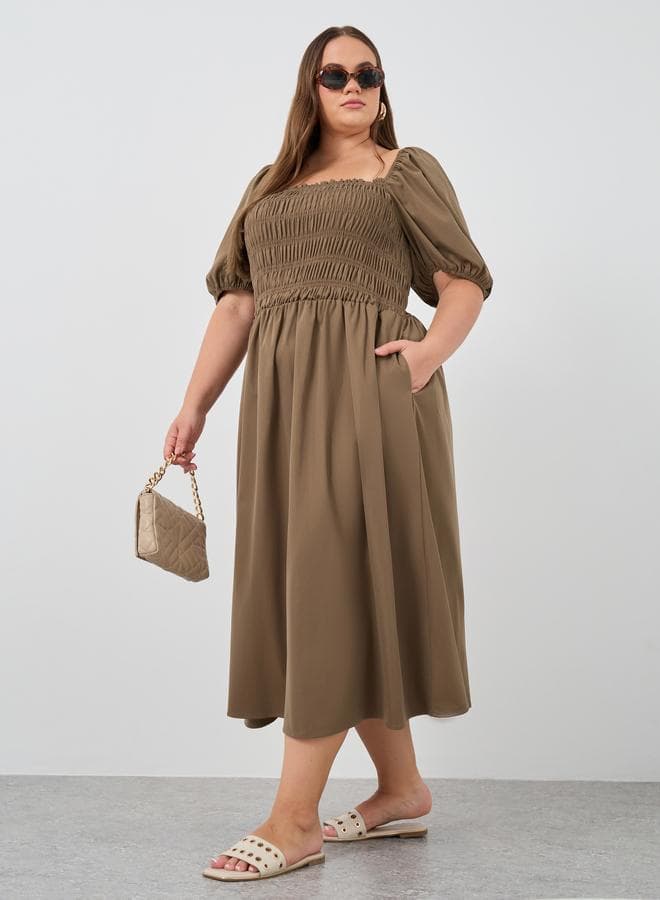 Plus Size Puff Sleeve Smocked A-Line Midi Dress - Image 1