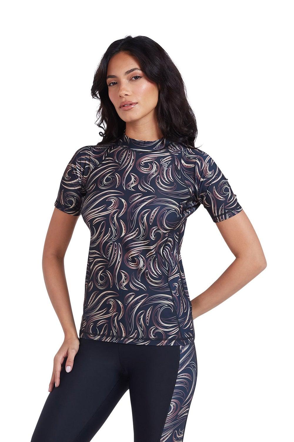 COEGA Ladies Short Sleeve Rashguard Nero Golden Swirls - Image 1