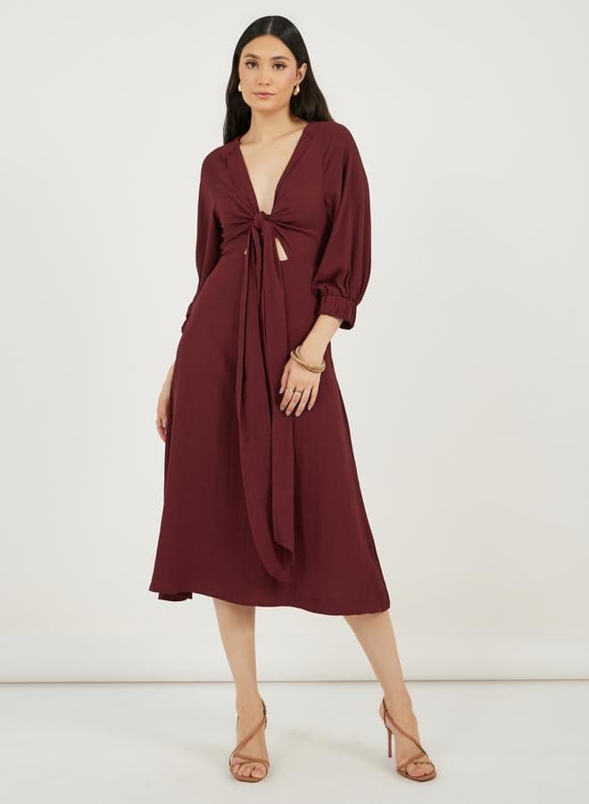Burgundy Tie-Front V-Neck Midi Dress - Image 1
