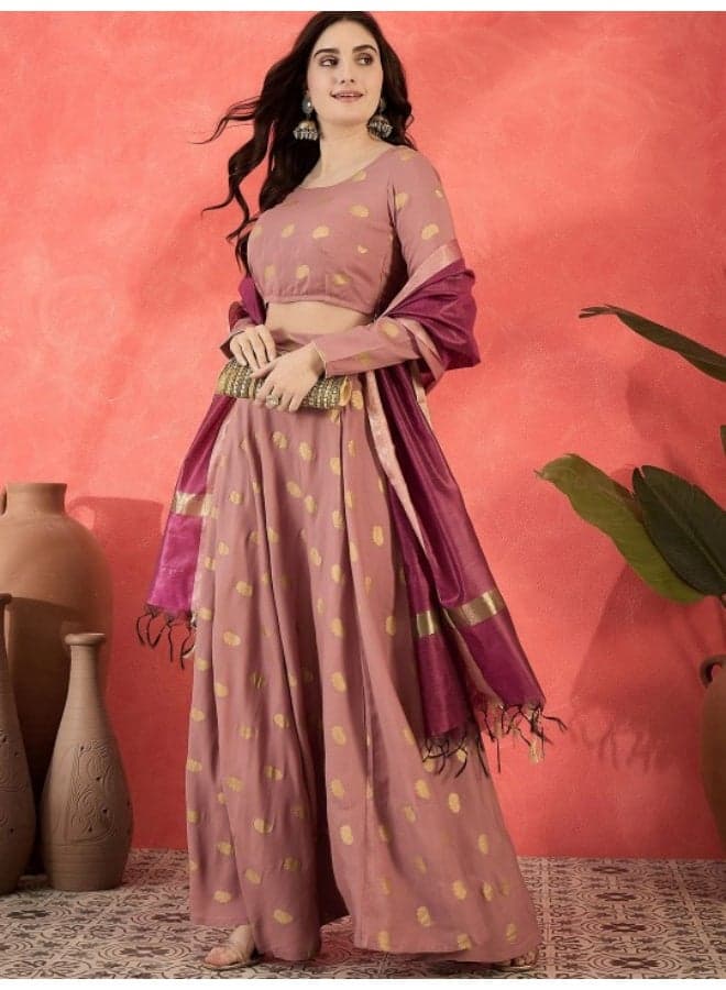 Blush Pink Lehenga Choli with Gold Print & Silk Dupatta - Image 1