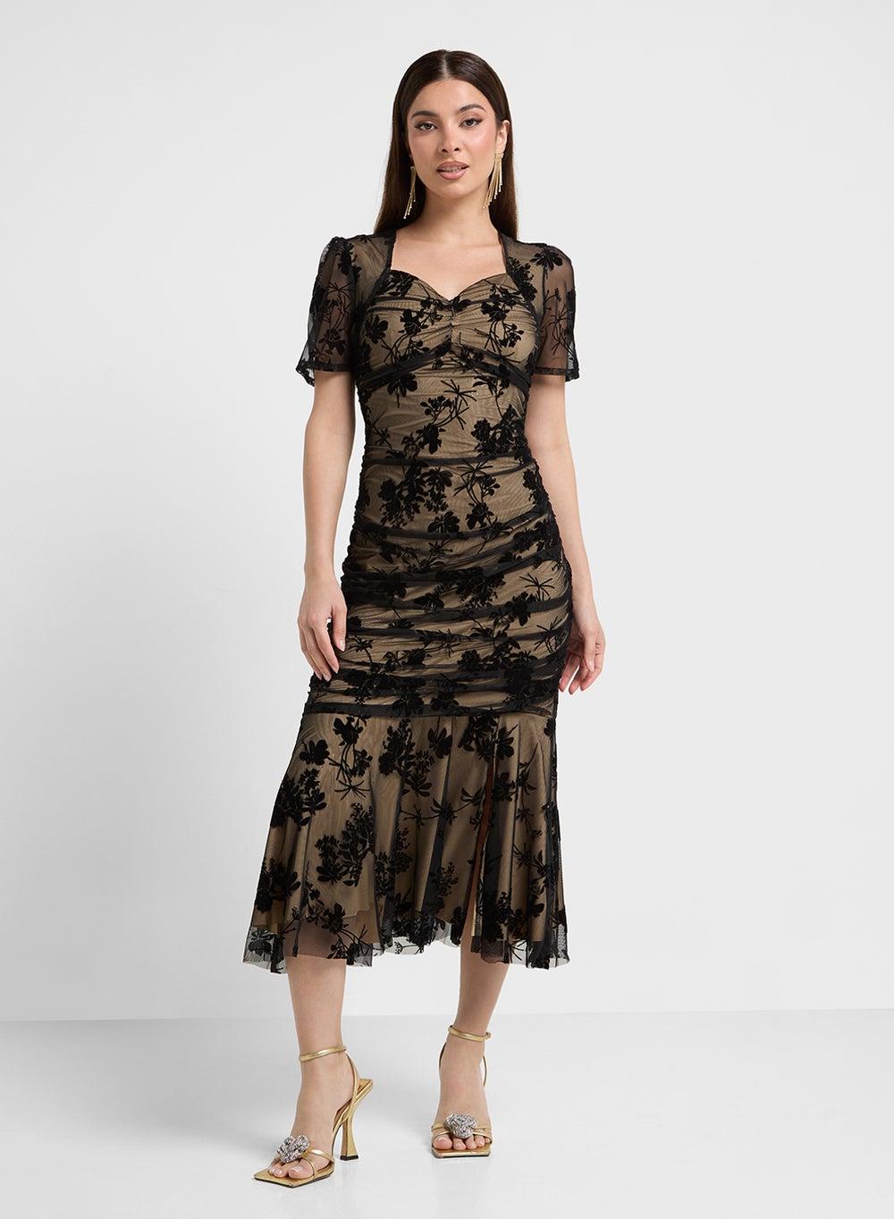 Black Floral Lace Midi Dress with Nude Underlay - Image 1