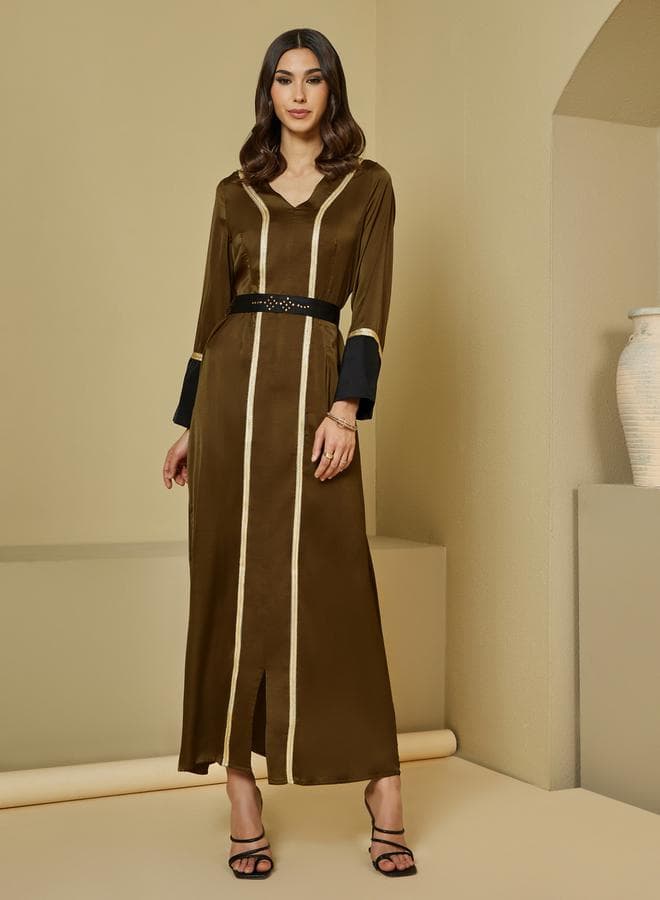 Embellished Belted Contrast Kaftan Elegance - Image 1