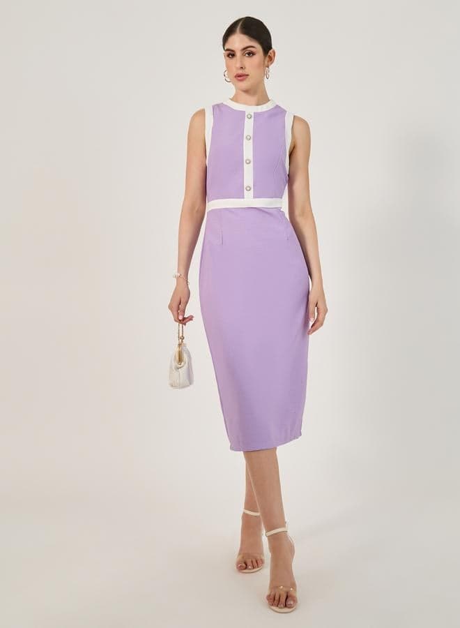 Styli Bodycon Midi Dress with Button Detail in Lavender - Image 1