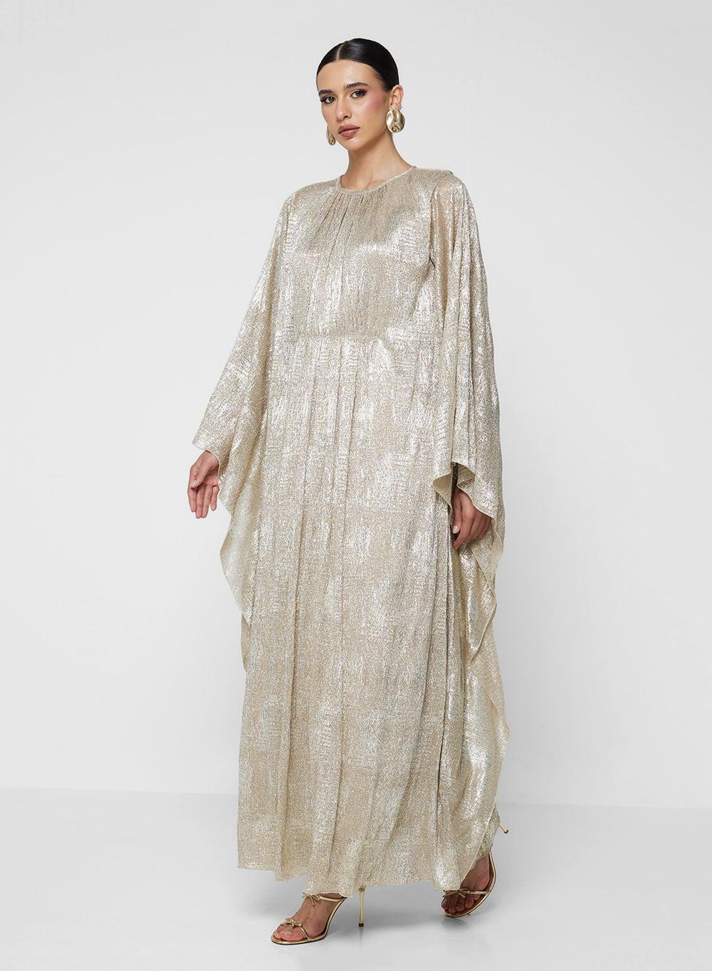 Graceful Metallic Gold Draped Maxi Dress with Flowing Sleeves - Image 1