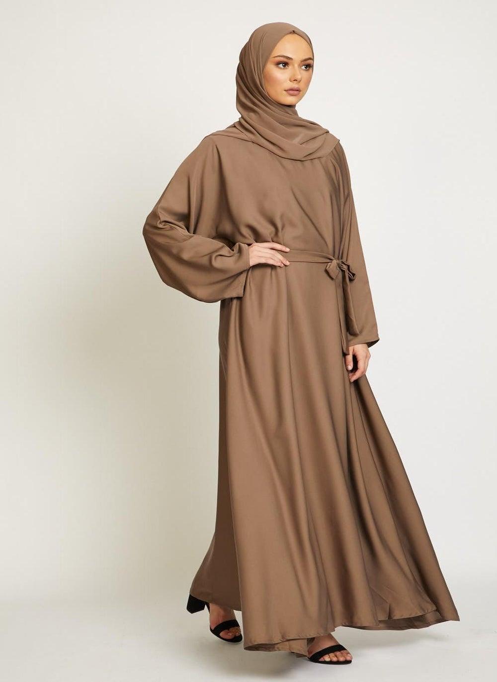 Elegant Brown Belted Abaya with Hijab AB84 - Image 1