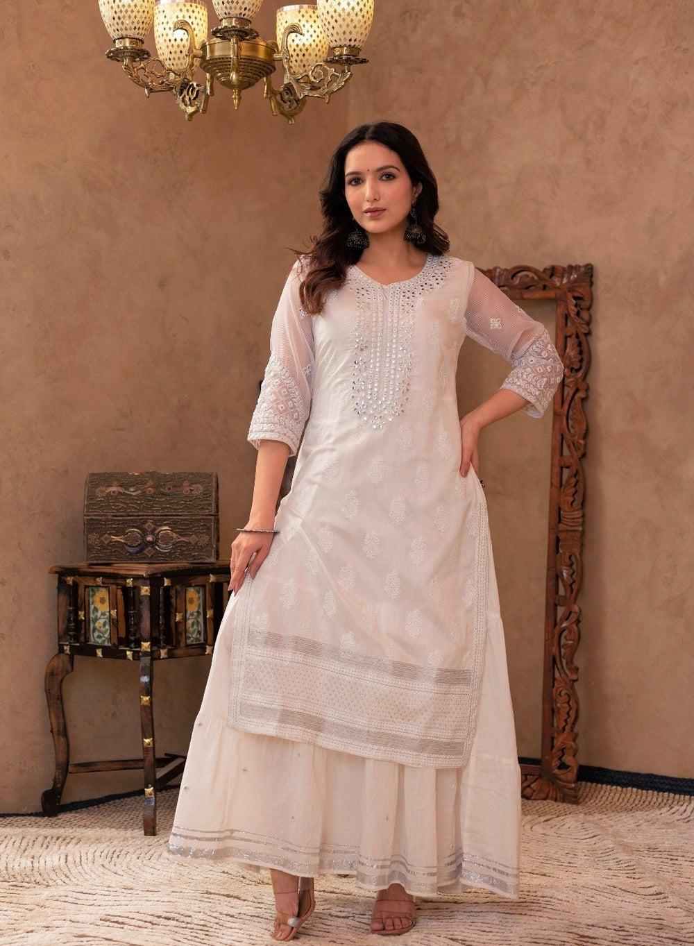 White Layered Embroidered Kurti Dress - Image 1
