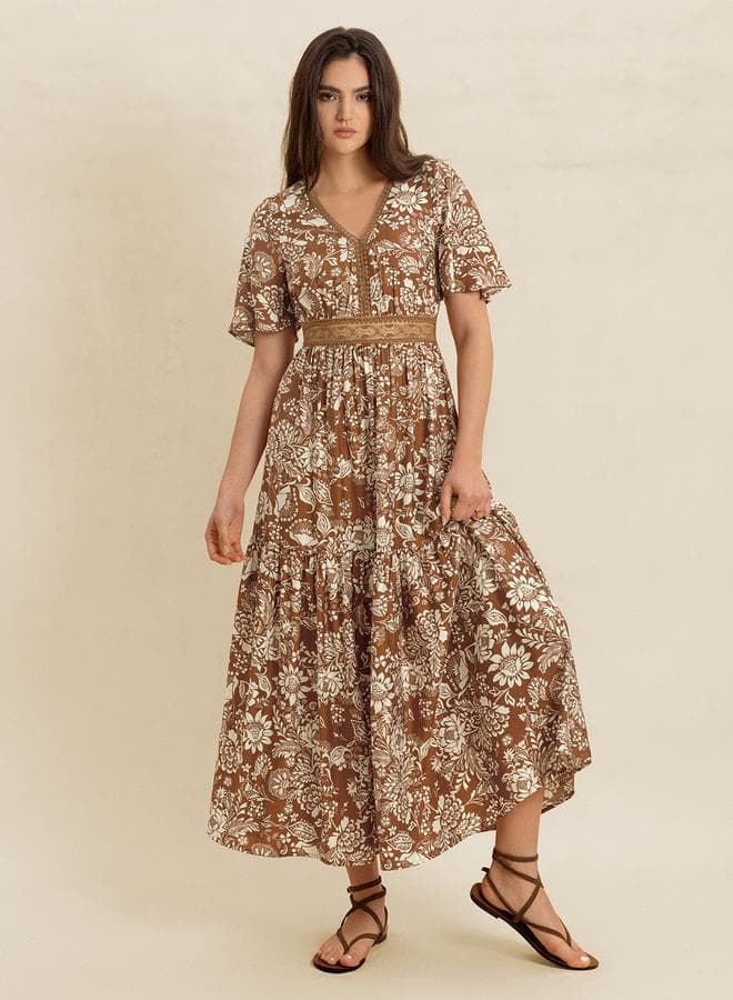 Brown Floral Print Maxi Dress – Effortless Elegance - Image 1