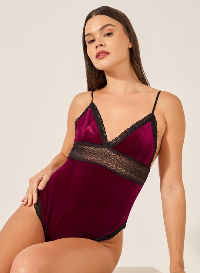 Lace Insert Velvet Bodysuit – Luxe Contour Fit - Image 1