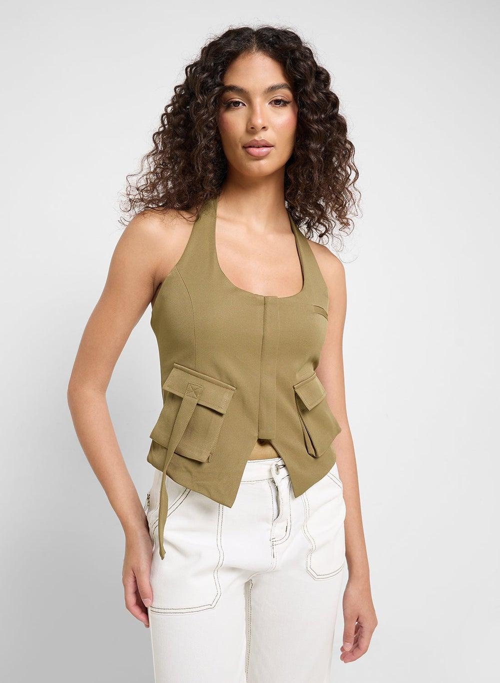 Halter Neck Utility Pocket Crop Vest - Image 1
