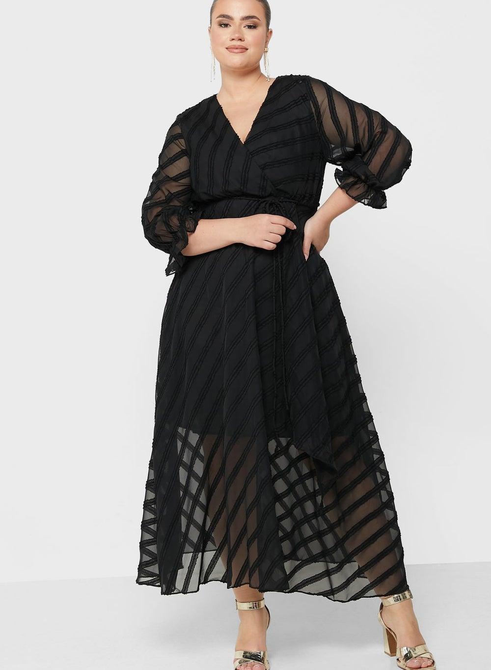 Black Striped Chiffon Wrap Maxi Dress - Image 1