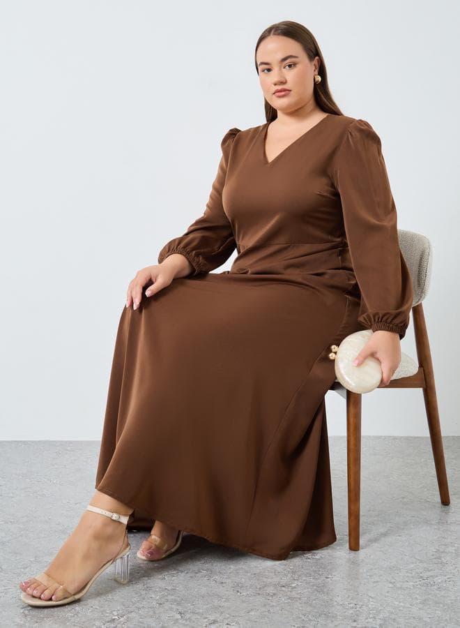 Styli Plus Size V-Neck Brown Maxi Jalabiya Dress - Image 1