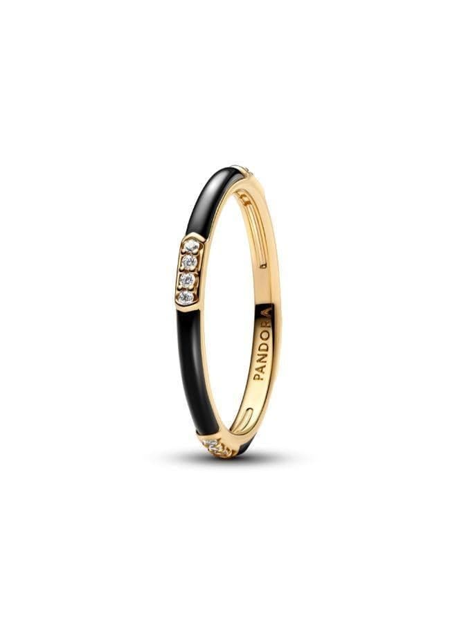 14k Gold-Plated CZ & Black Enamel Statement Ring - Image 1