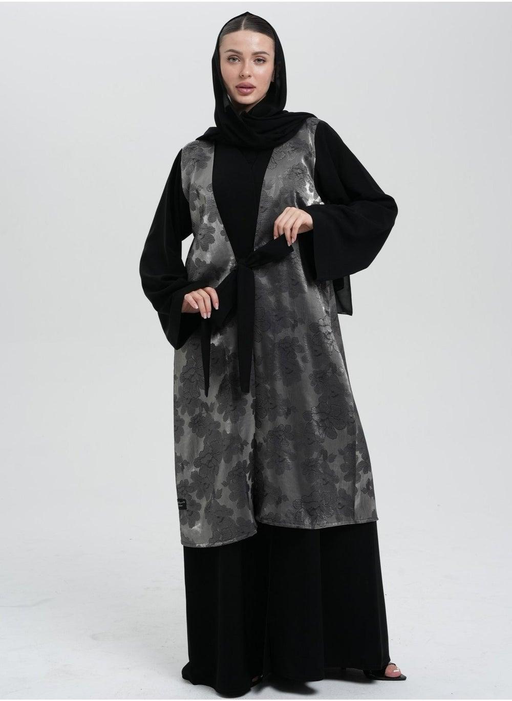 Front Open Abaya with Grey Shimmer Coat - Image 1