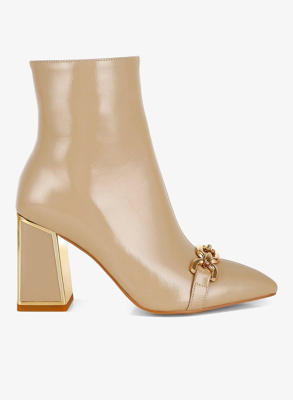 Beige Patent Chain Detail Ankle Boots - Image 1