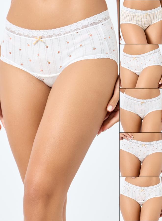 Styli Set of 5 Floral Cotton Lace Trim Briefs - Image 1