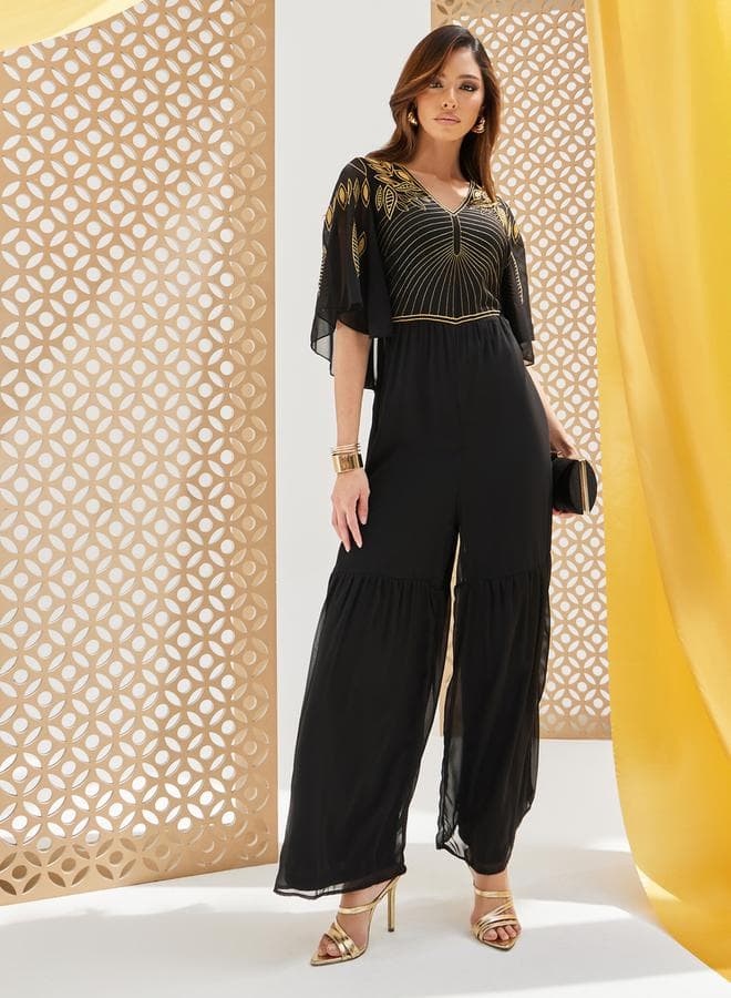 Embroidered Plissé Wide-Leg V-Neck Jumpsuit - Image 1