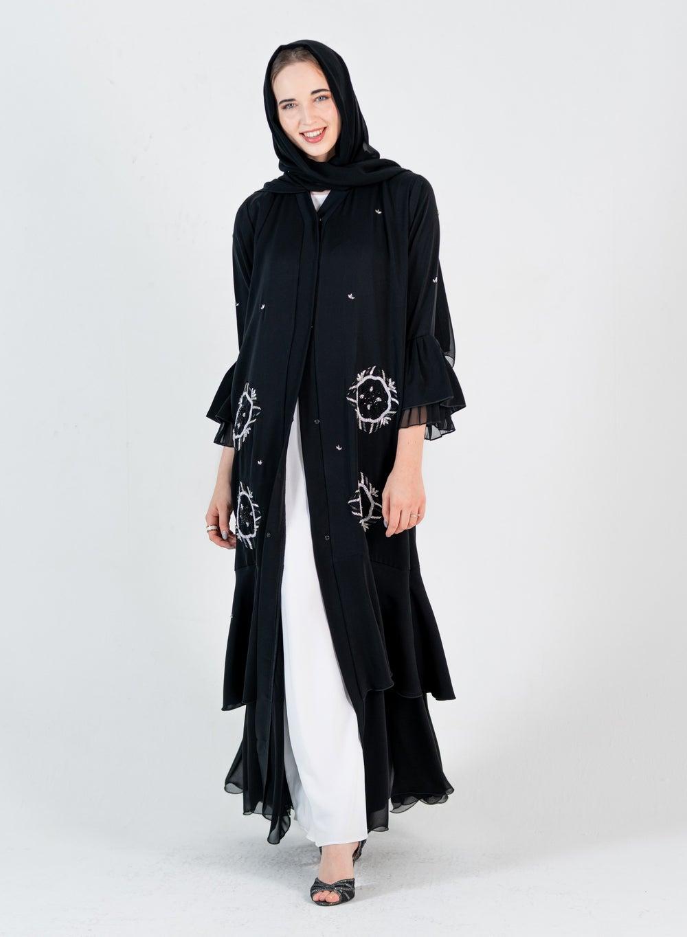 Elegant Nada Abaya with Chiffon Panels & Silver Embroidery - Image 1