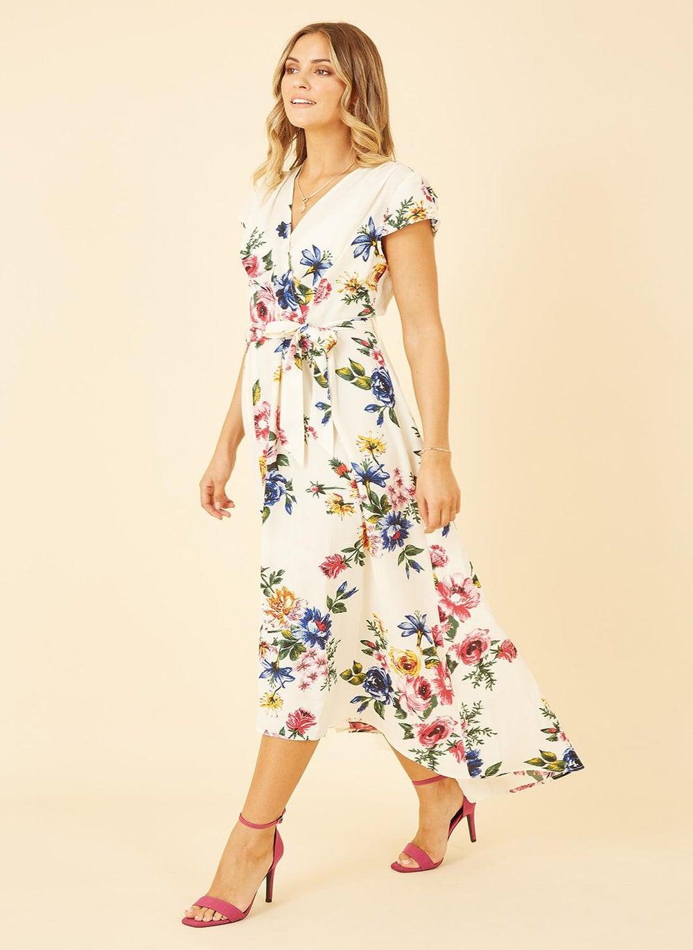 Cream Floral Wrap Midi Dress with Tie Waist - Image 1