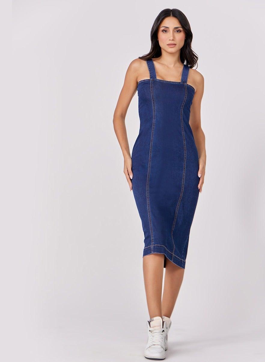 Structured Denim Midi Dress with Square Neckline - Image 1