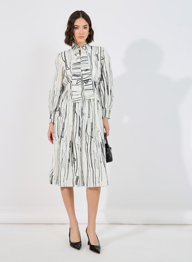 Styli Abstract Print Tie-Neck A-Line Midi Dress - Image 1