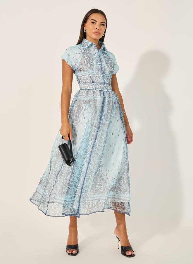 Styli Blue Paisley Collared Midi Dress - Image 1