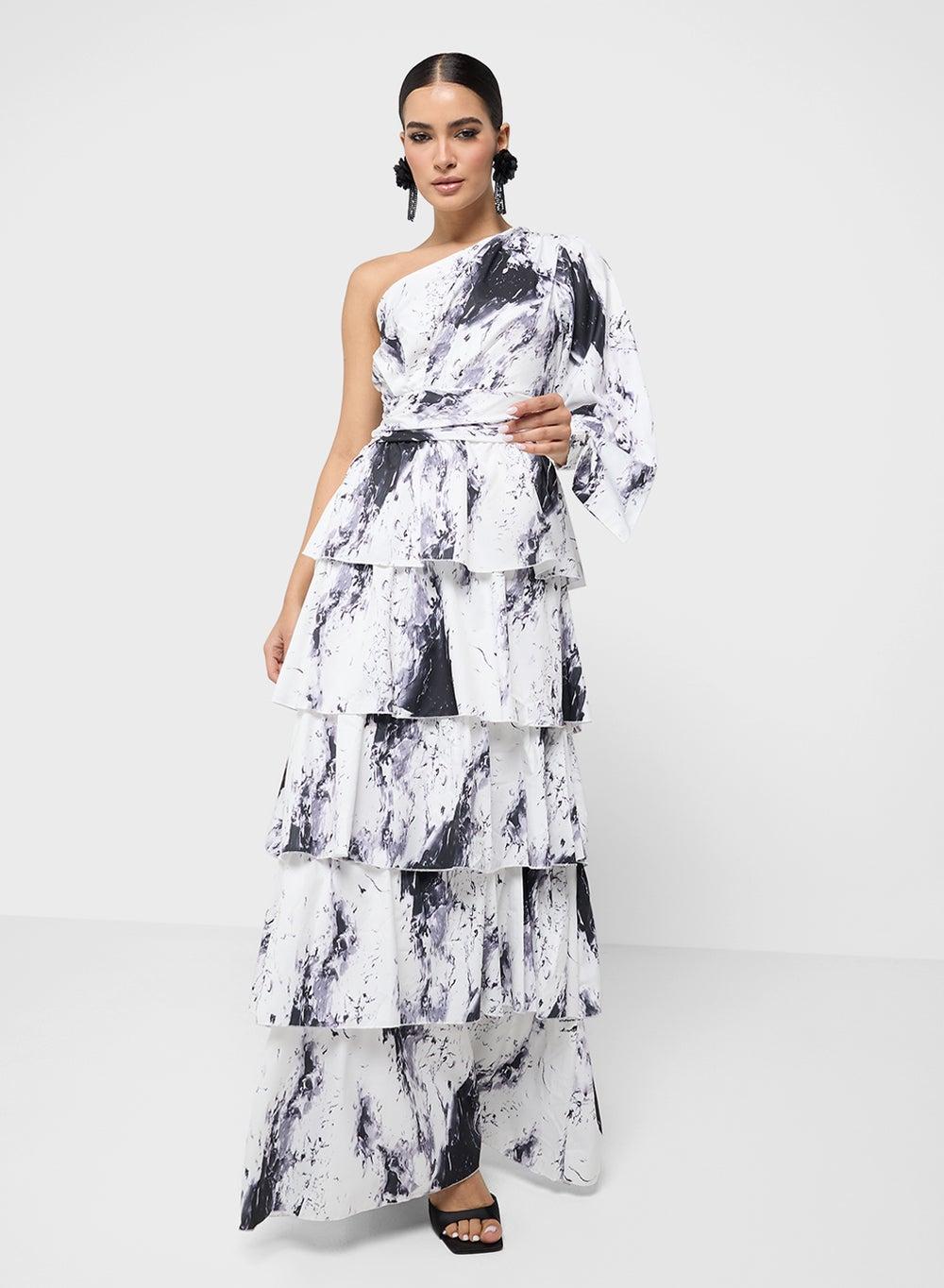 Abstract One-Shoulder Tiered Maxi Dress - Image 1