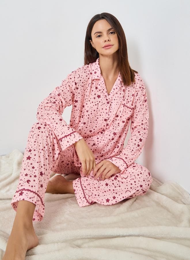 Styli Star Print Contrast Piped Pyjama Set - Image 1