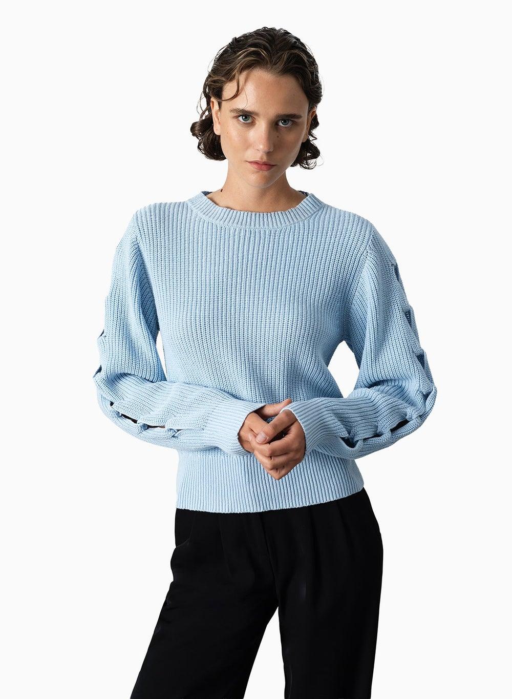 Glinda Braid Sleeve Blue Knit Jumper - Image 1