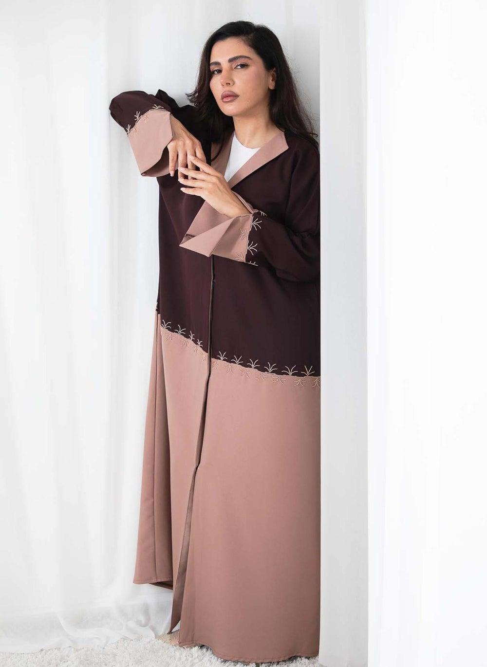 Two-Tone Embroidered Abaya in Rosewood & Mocha - Image 1