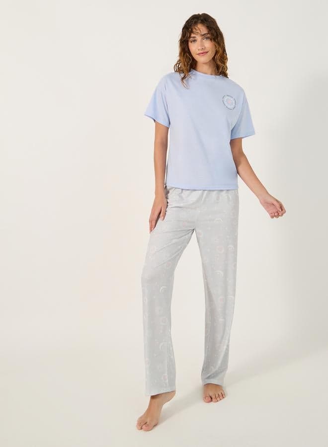 Graphic Print Round Neck T-Shirt & Pyjama Set - Image 1