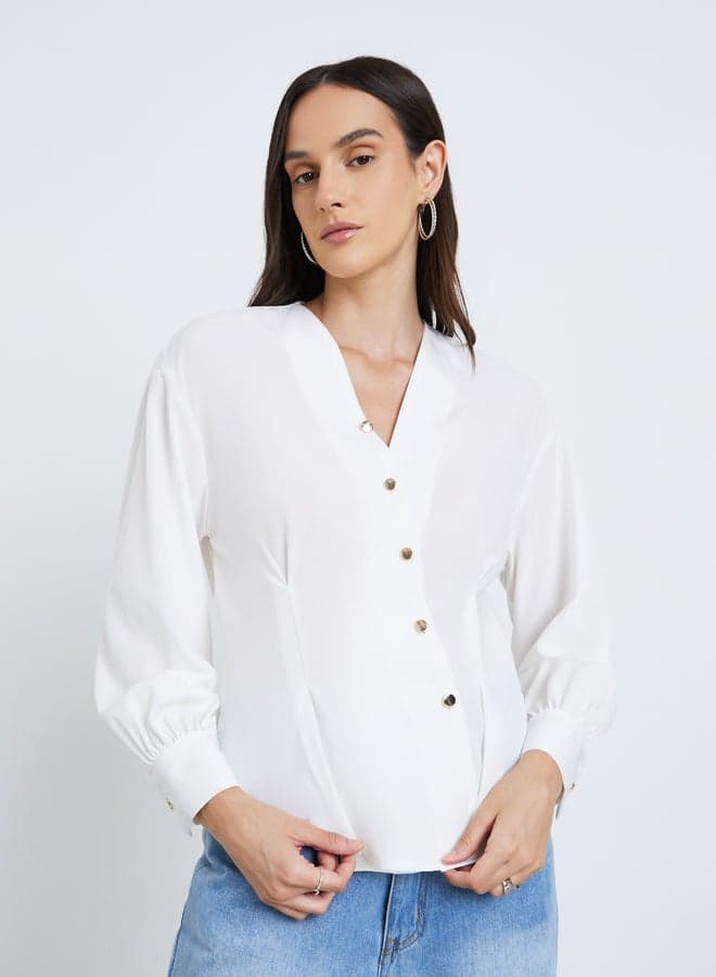 White Asymmetrical V-Neck Button-Up Shirt - Image 1