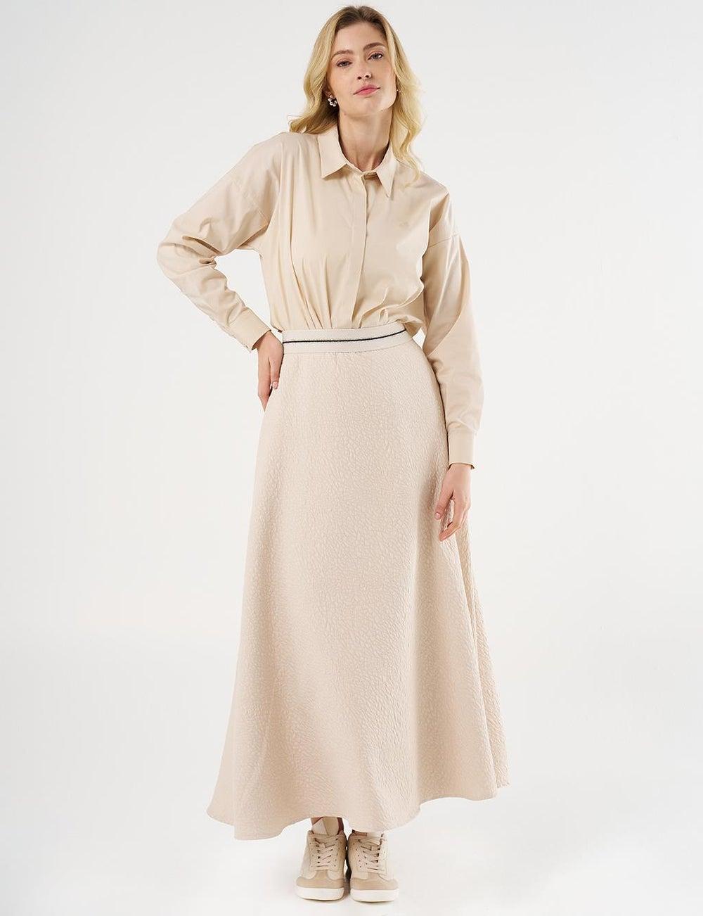 Cream Textured Flared Skirt with Elastic Waist - Image 1