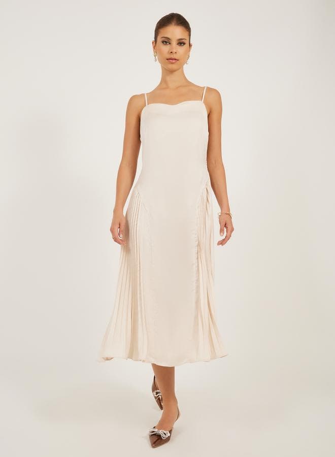 Champagne Pleated Satin Midi Dress - Image 1