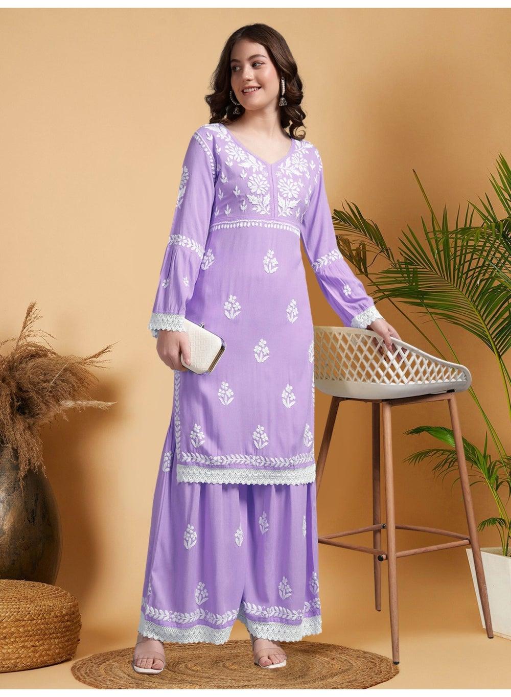 AL4077KS Lucknowi Chikankari Rayon Kurta Set - Image 1