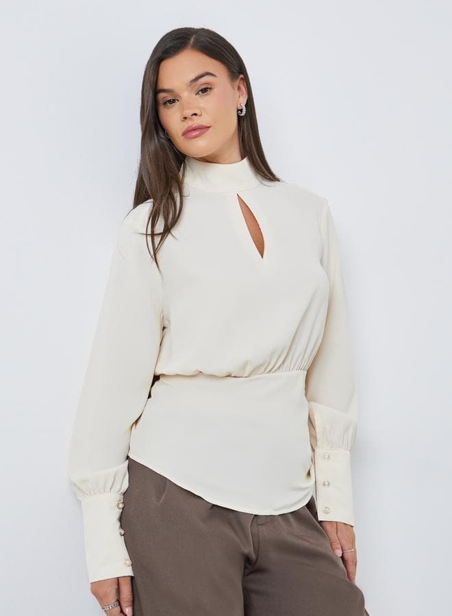 Styli Solid High Neck Keyhole Curved Hem Blouse - Image 1