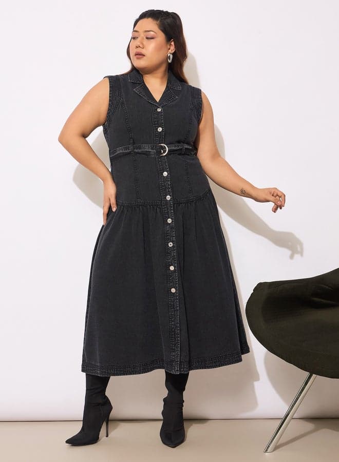 Black Belted Denim Midi Dress with Button Front - Image 1