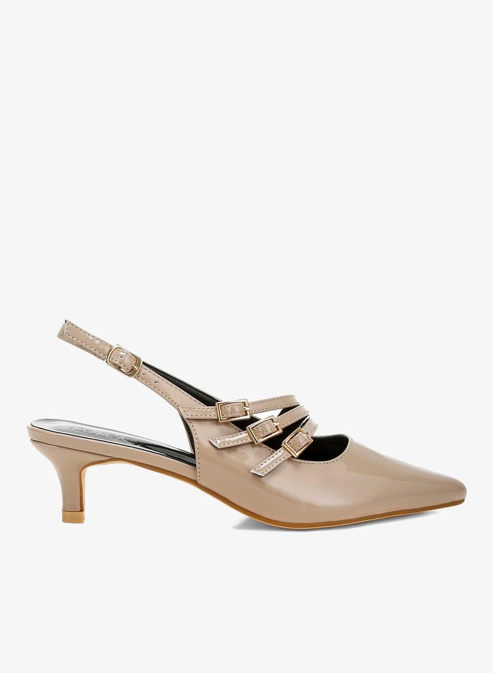 Taupe Triple Strap Slingback Kitten Heel Sandals - Image 1