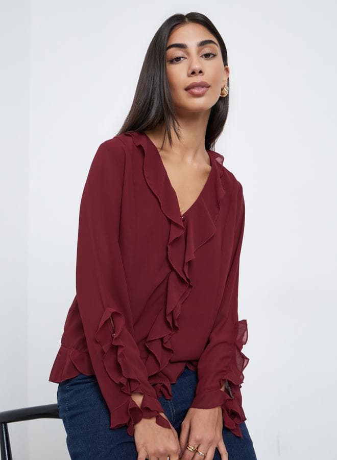 Styli Maroon Frill V-Neck Chiffon Blouse - Image 1