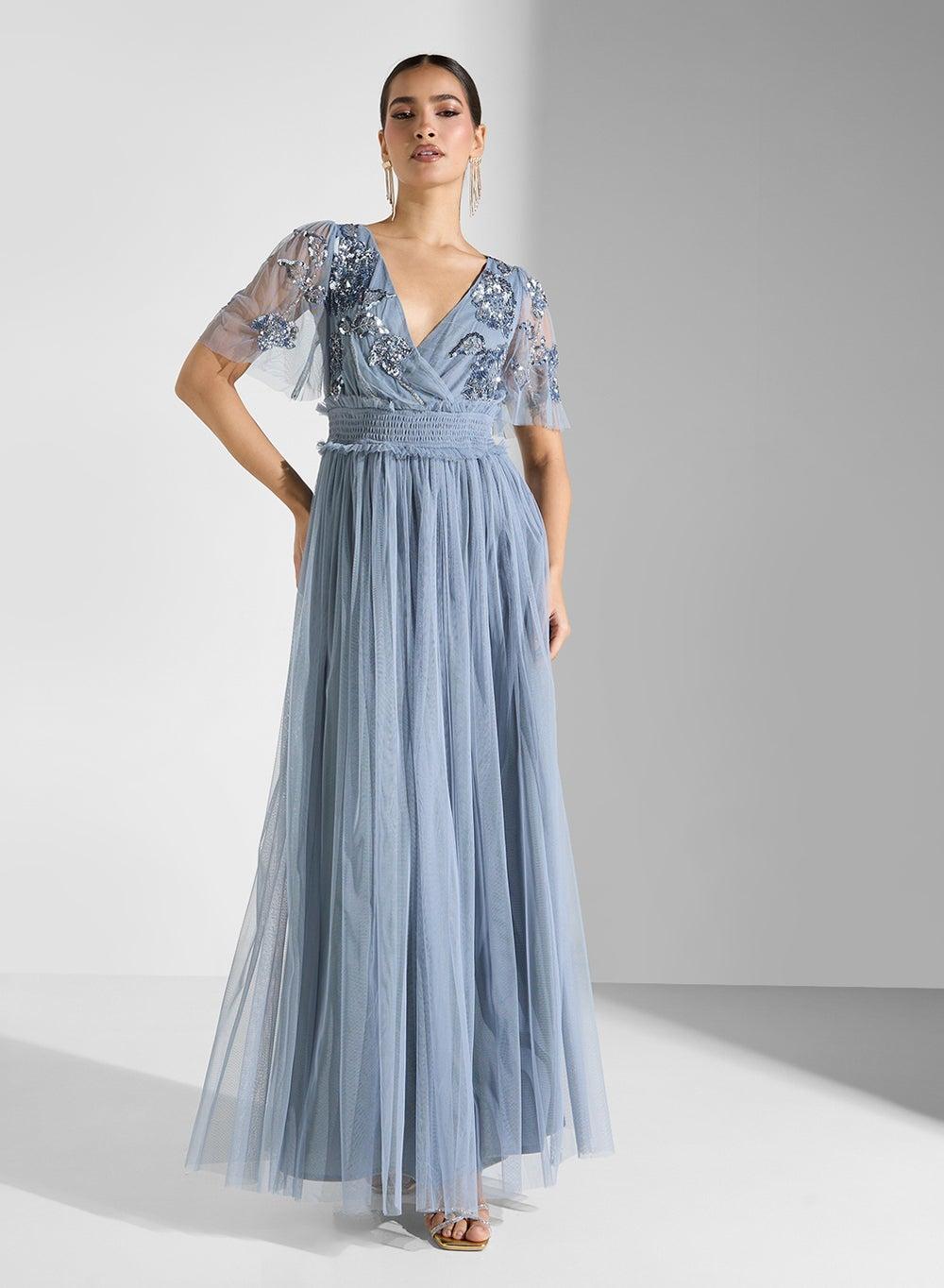 Light Blue Sequin Tulle Maxi Dress - Image 1