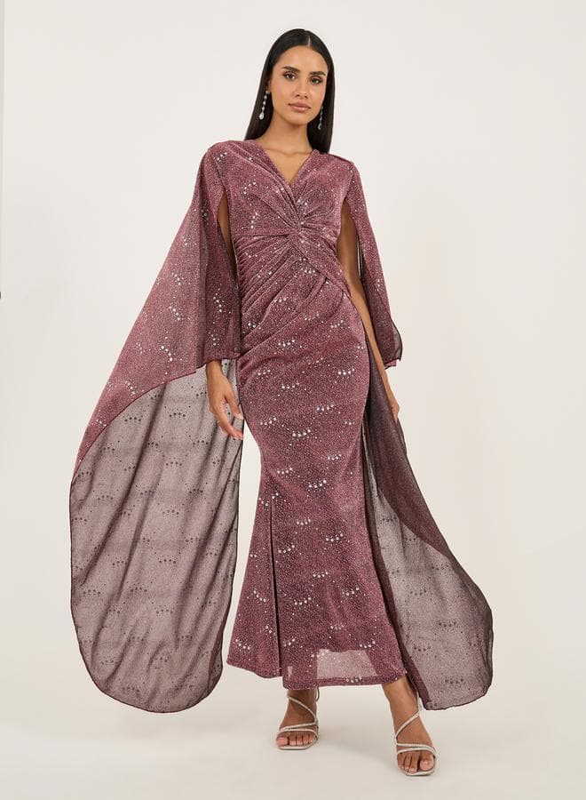 Sparkle Capelet V-Neck Mauve Evening Dress - Image 1