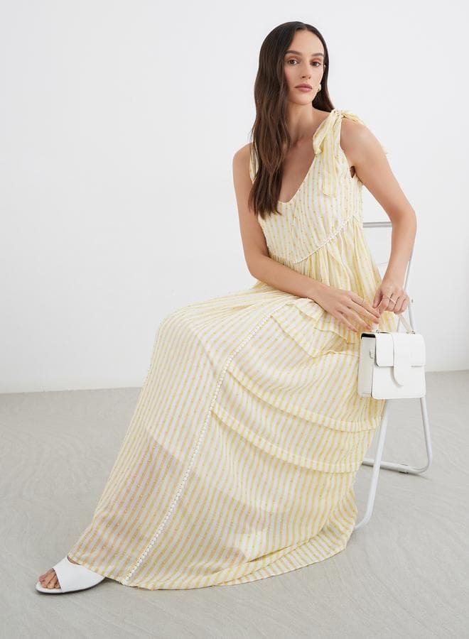 Styli Tie-Up Sleeve Dobby Striped Maxi Dress - Image 1